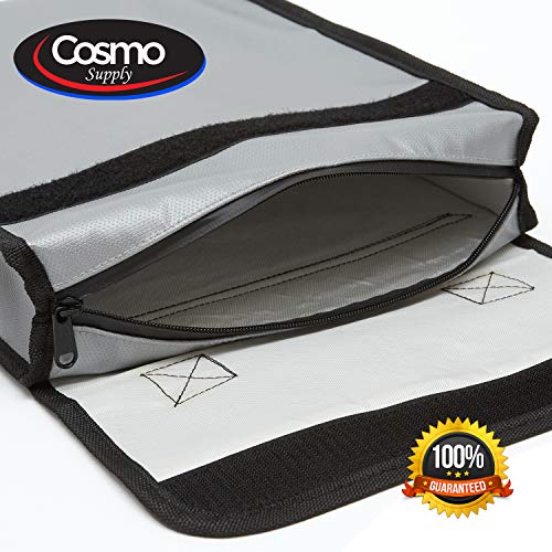 Cosmo Supply Fireproof & Waterproof Document Bag Combo - Large & Small Bags, Silver & Black, 14.5x11x3 & 11.25x7.25 Inches